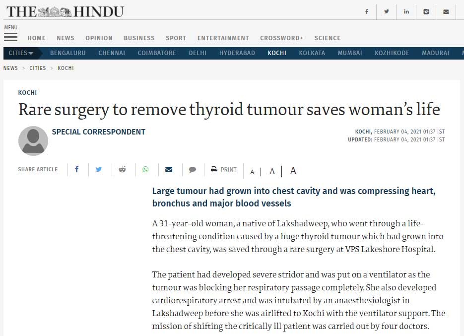 Large Thyroid Removed from Chest at VPS Lakeshore Hospital Kochi